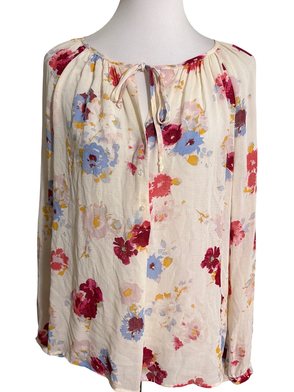 Lucky Brand Cream Floral Tie Front Long Sleeve Blouse